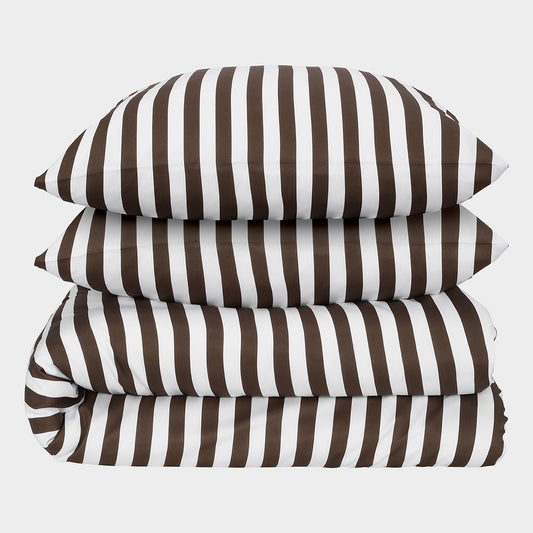 Bamboe tweepersoonsbedlinnen wit/bruin gestreept breed