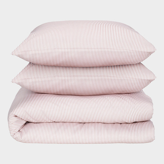 Bamboe tweepersoonsbedlinnen wit/oudroze gestreept