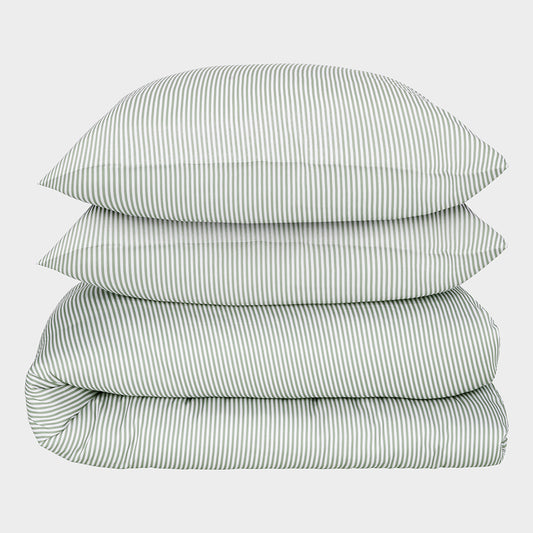 Bamboe tweepersoonsbedlinnen wit/olijfgroen gestreept