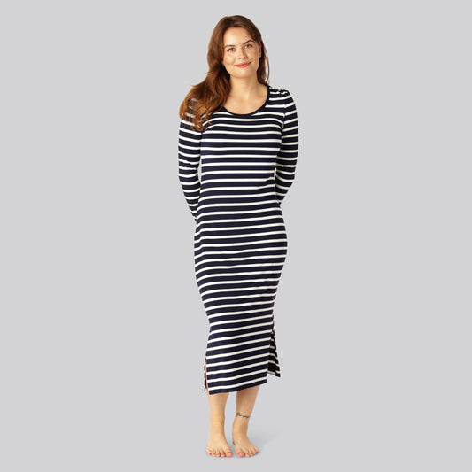 Jurk met lange mouwen en bamboestrepen in marineblauw/wit voor dames