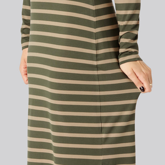 Jurk met lange mouwen en bamboestrepen in olijfgroen/beige voor dames