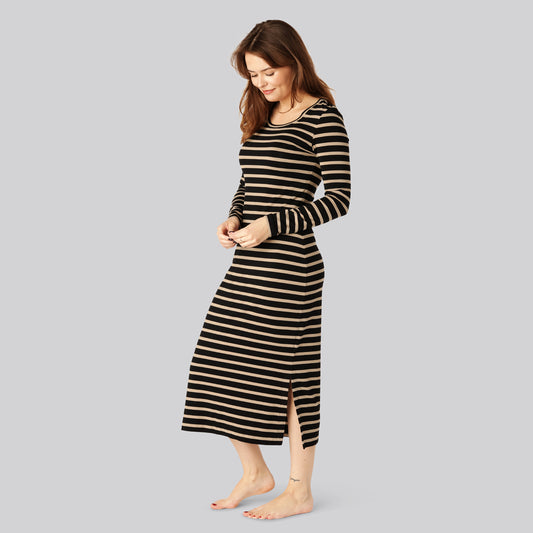 Jurk met lange mouwen en bamboestrepen in zwart/beige voor dames