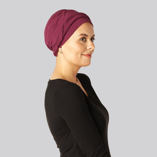 Gedraaide bamboe tulband in bordeauxrood voor vrouwen