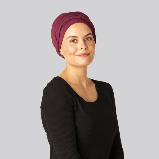 Gedraaide bamboe tulband in bordeauxrood voor vrouwen