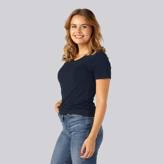 Bamboe T-shirt met V-hals in marineblauw voor dames