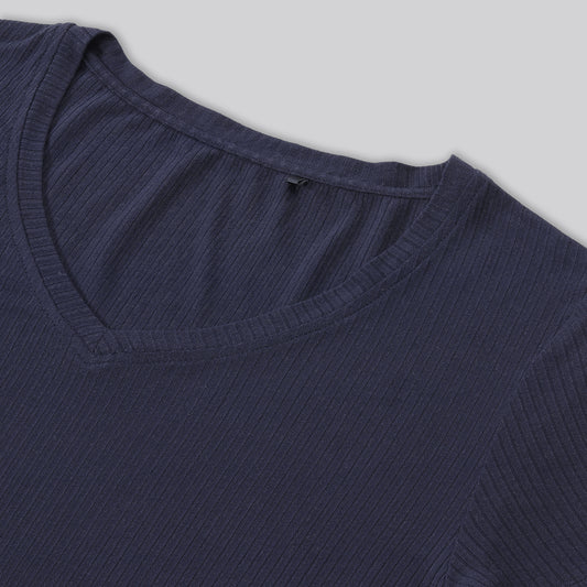 Bamboe T-shirt met V-hals en ribboord in marineblauw voor dames