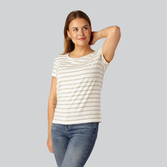 Bamboe T-shirt met ronde hals en strepen in zand/beige voor dames