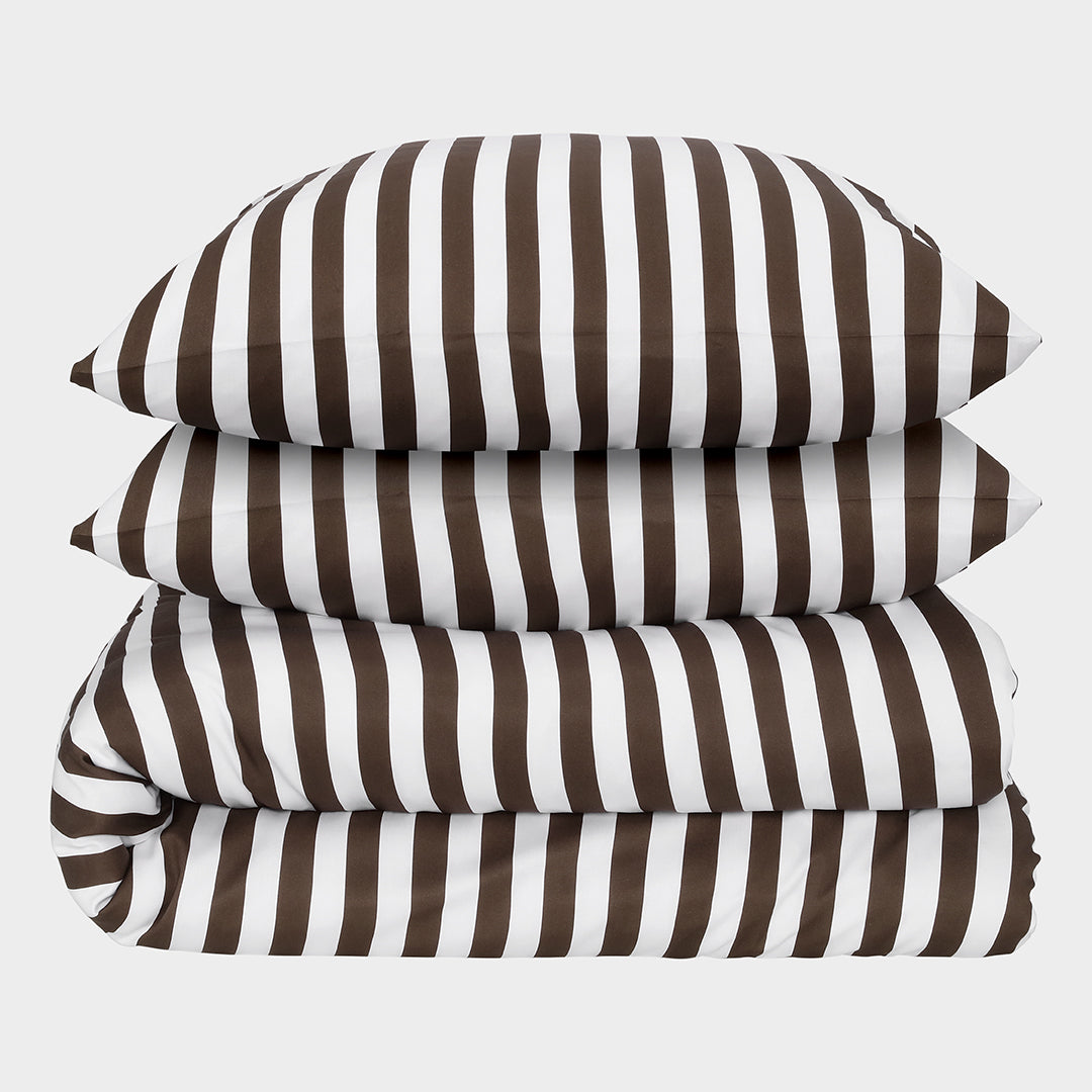 Bamboe tweepersoonsbedlinnen wit/bruin gestreept breed