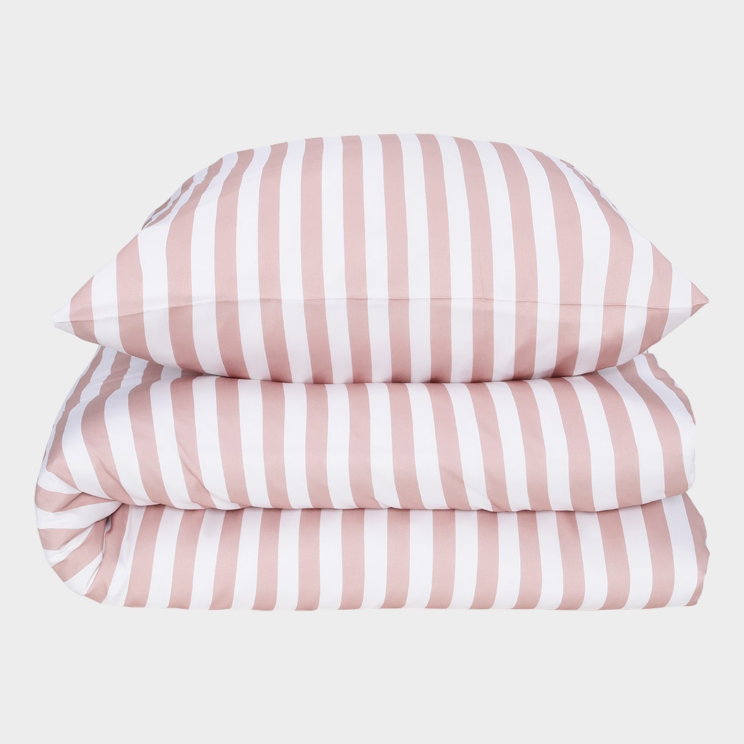 Bamboe beddengoed wit/oudroze gestreept breed