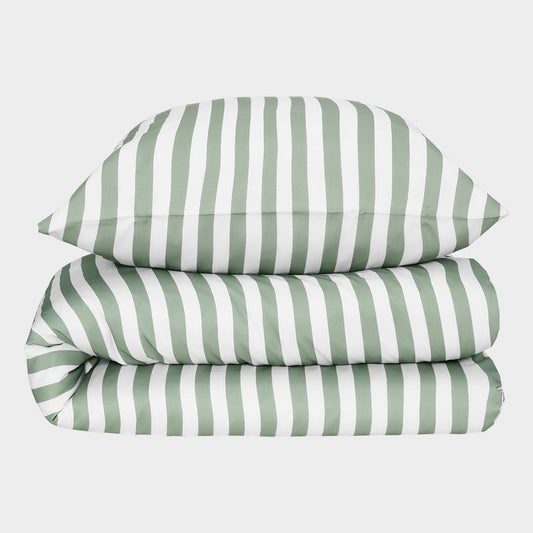 Bamboe beddengoed met witte/olijfkleurige strepen en brede randen