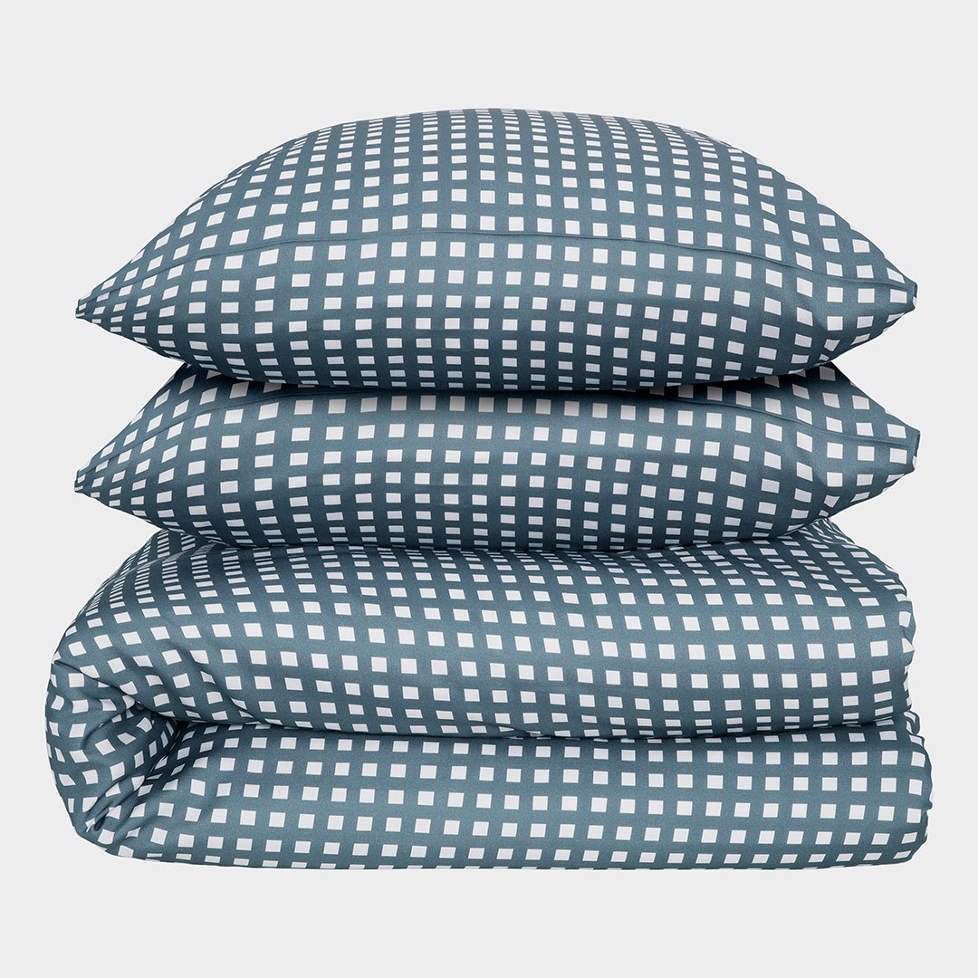 Bamboe tweepersoonsbedlinnen wit/grijs geruit