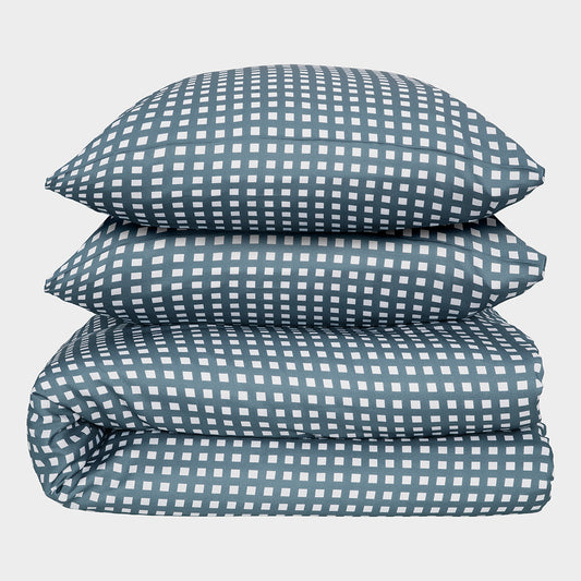 Bamboe tweepersoonsbedlinnen wit/grijs geruit