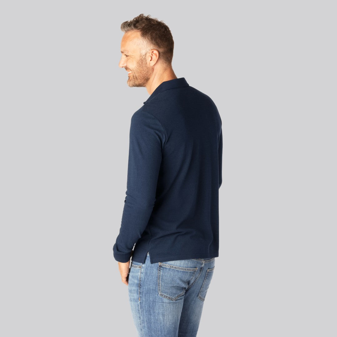 Herenpolo met lange mouwen van bamboe in marineblauw