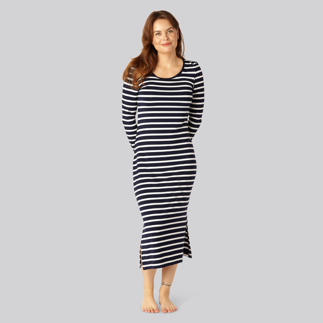 Jurk met lange mouwen en bamboestrepen in marineblauw/wit voor dames