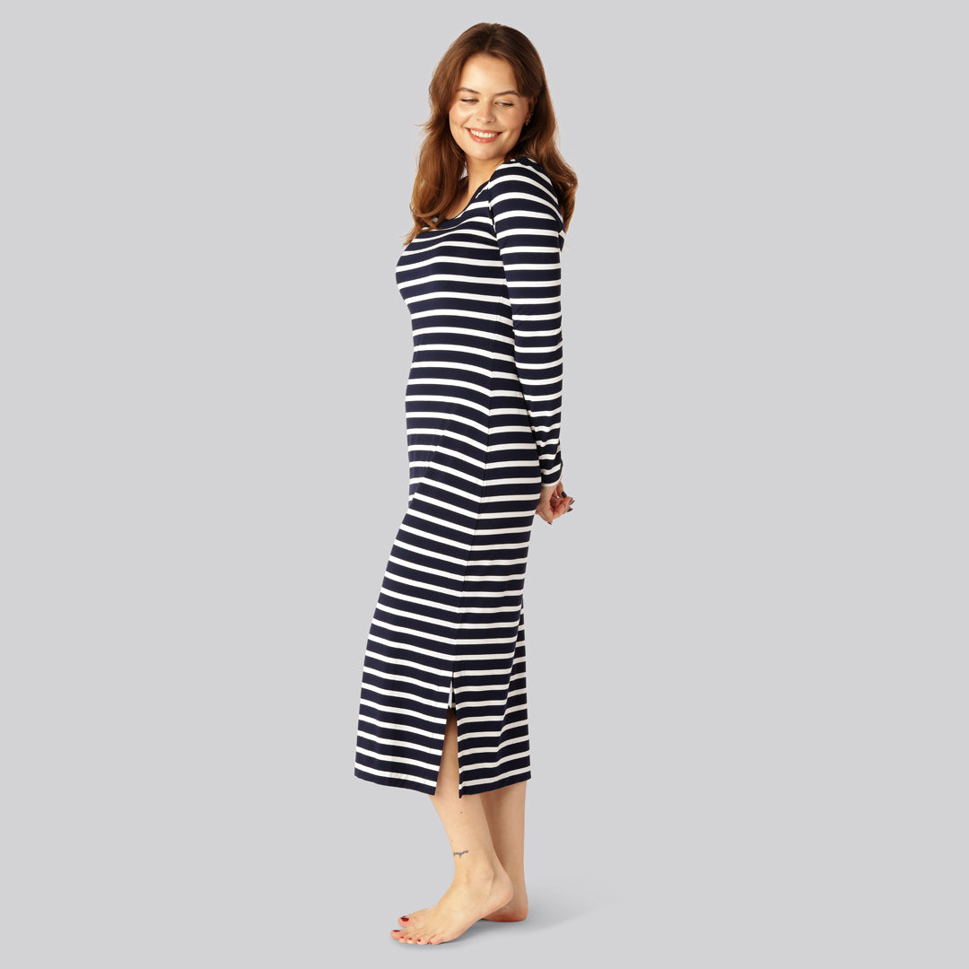Jurk met lange mouwen en bamboestrepen in marineblauw/wit voor dames