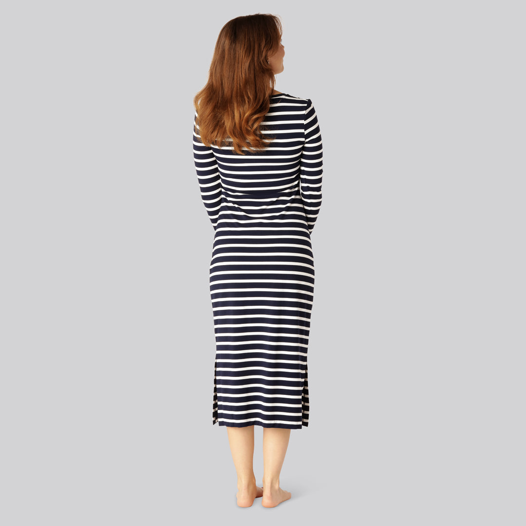 Jurk met lange mouwen en bamboestrepen in marineblauw/wit voor dames