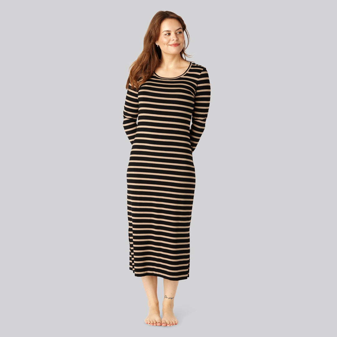 Jurk met lange mouwen en bamboestrepen in zwart/beige voor dames