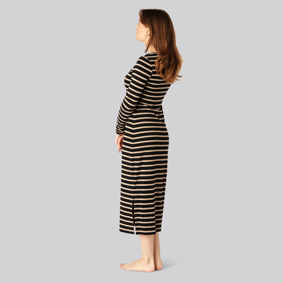 Jurk met lange mouwen en bamboestrepen in zwart/beige voor dames