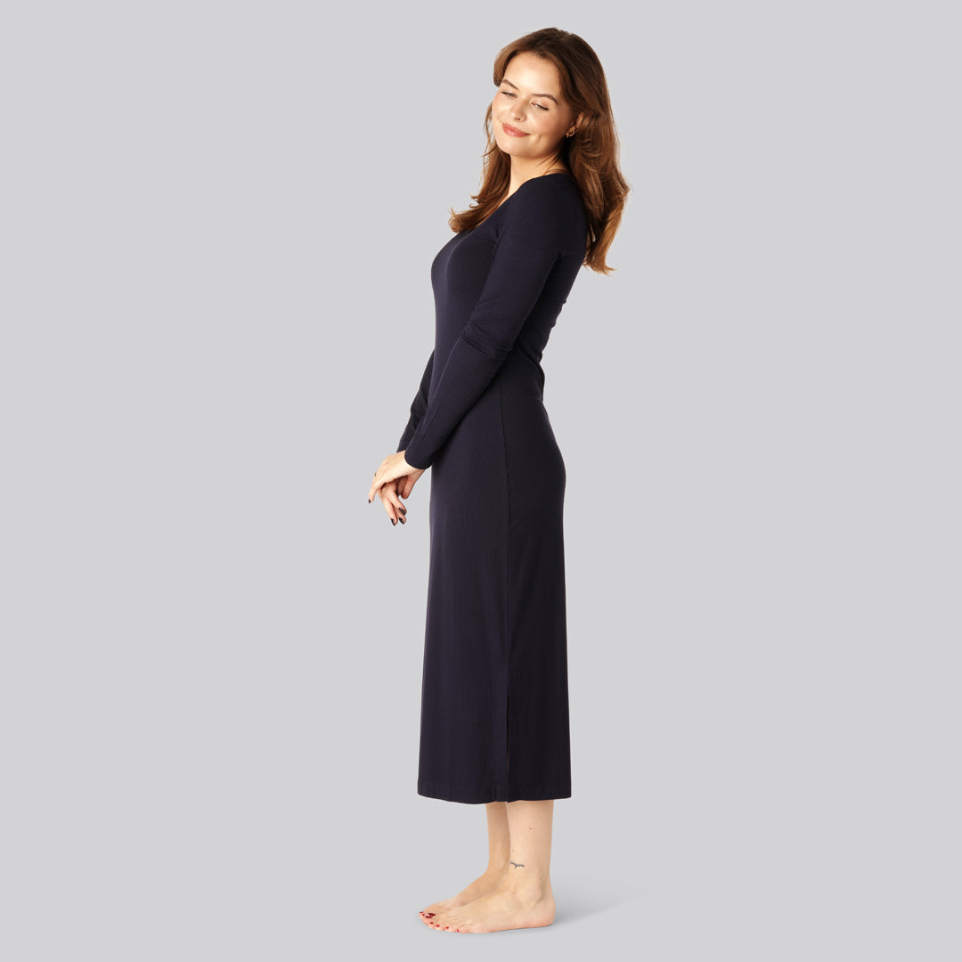 Damesjurk met lange mouwen van bamboe ribstof in marineblauw