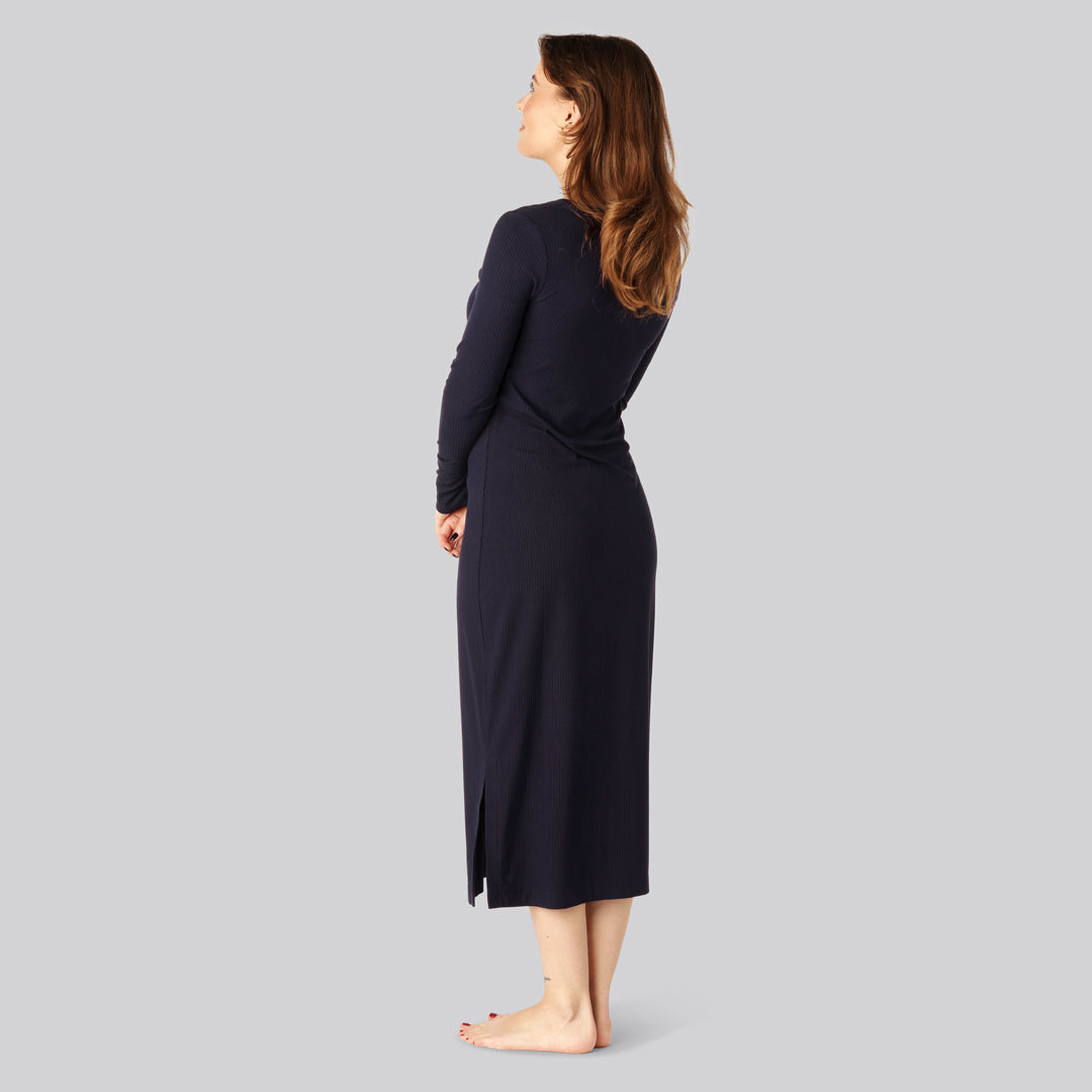 Damesjurk met lange mouwen van bamboe ribstof in marineblauw