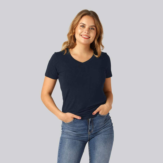 Bamboe T-shirt met V-hals in marineblauw voor dames