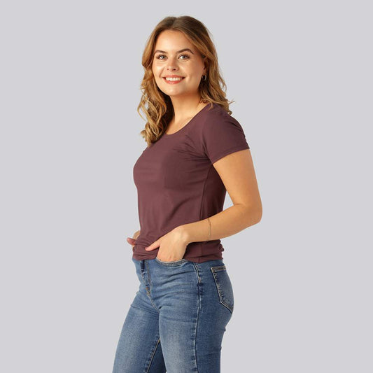 Bamboe T-shirt met ronde hals in bordeauxrood voor dames