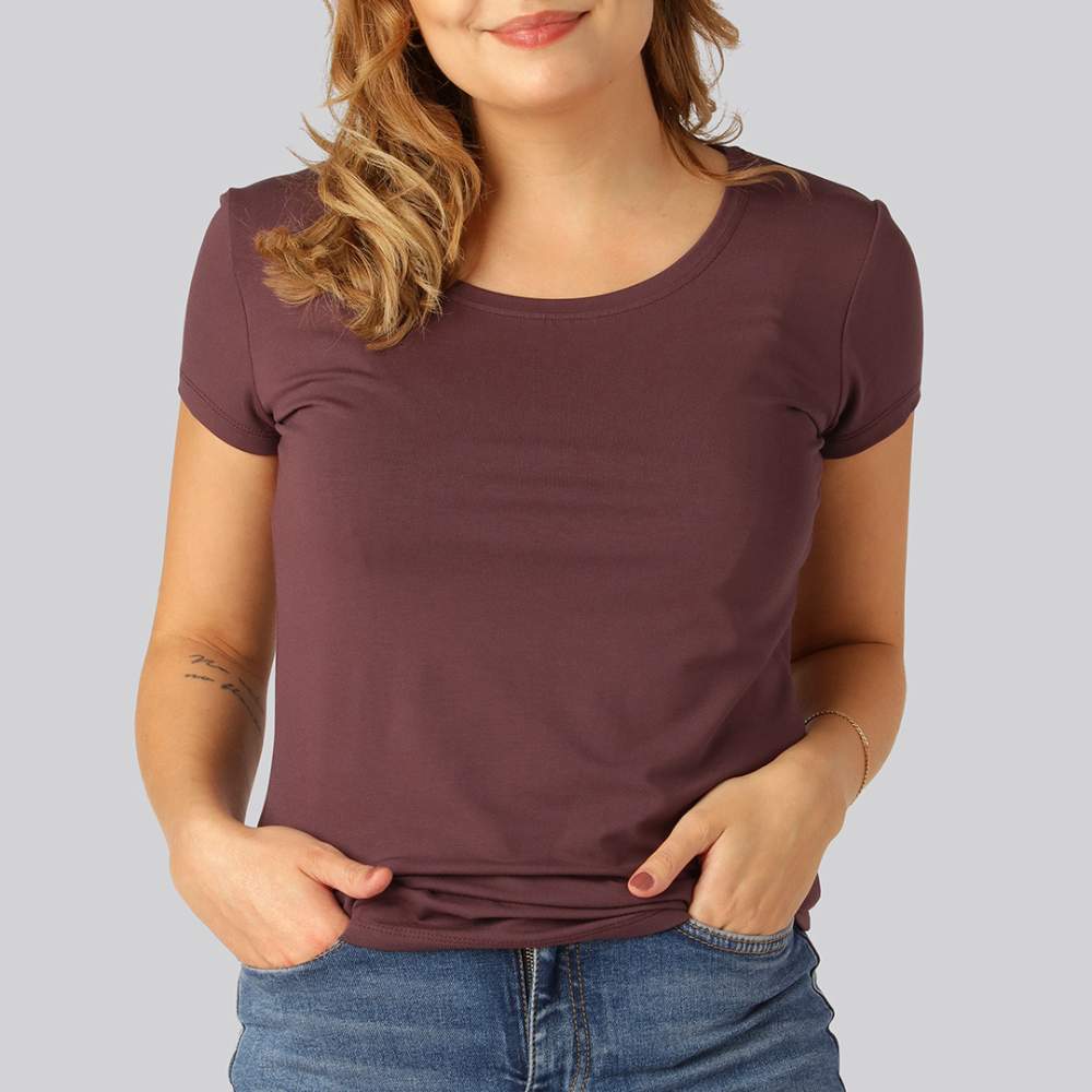 Bamboe T-shirt met ronde hals in bordeauxrood voor dames