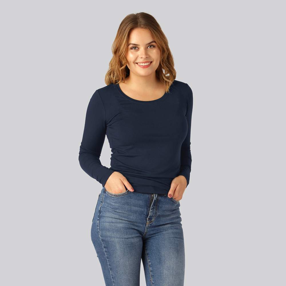 Bamboe T-shirt met lange mouwen in marineblauw voor dames