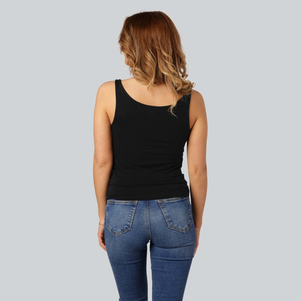 Damestop van bamboe in zwart met brede bandjes