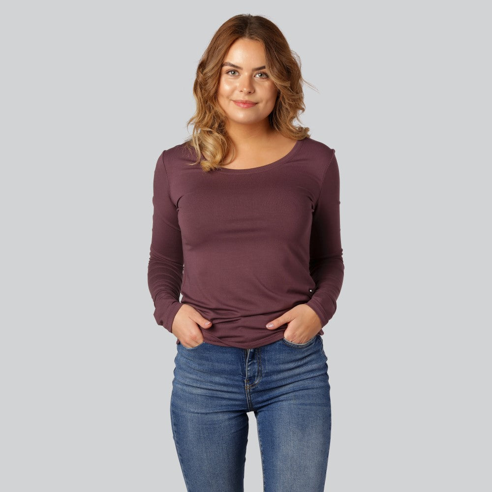 Dames T-shirt met lange mouwen van bamboe in bordeauxrood.