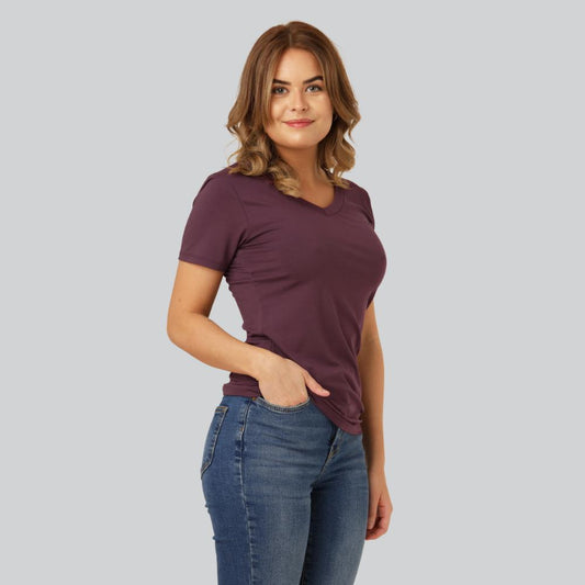 Bamboe T-shirt met V-hals in bordeauxrood voor dames