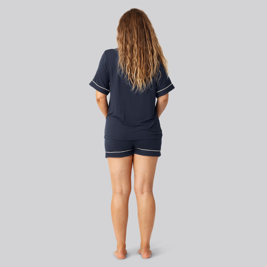 Bambus pyjamas sæt kort i navy til damer