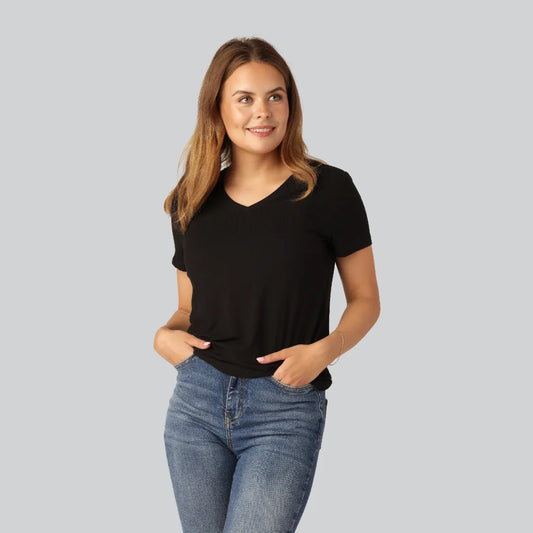 Bamboe T-shirt met V-hals en ribboord in zwart voor dames