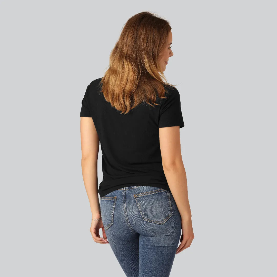 Bamboe T-shirt met V-hals en ribboord in zwart voor dames