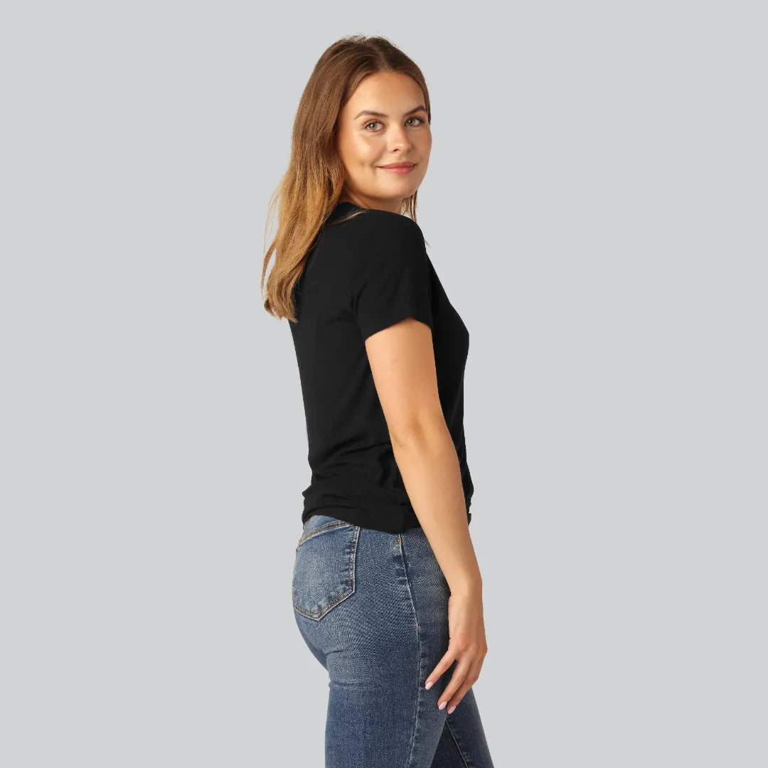 Bamboe T-shirt met V-hals en ribboord in zwart voor dames