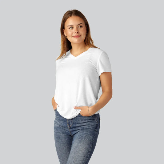 Bamboe T-shirt met V-hals en ribboord in wit voor dames
