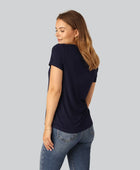 Bamboe T-shirt met V-hals en ribboord in marineblauw voor dames