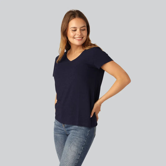 Bamboe T-shirt met V-hals en ribboord in marineblauw voor dames