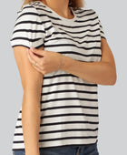 Bamboe T-shirt met ronde hals en strepen in marineblauw/beige voor dames