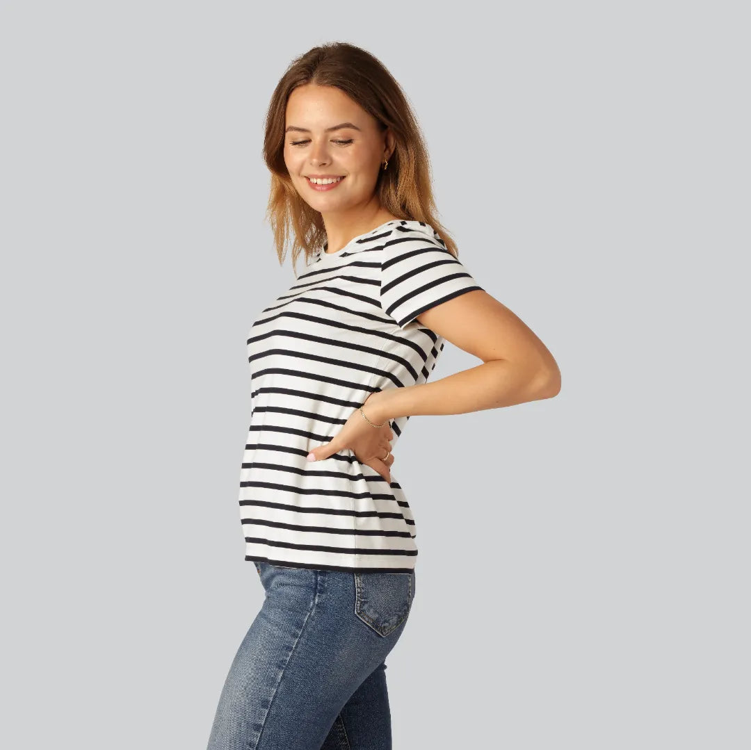 Bamboe T-shirt met ronde hals en strepen in marineblauw/beige voor dames