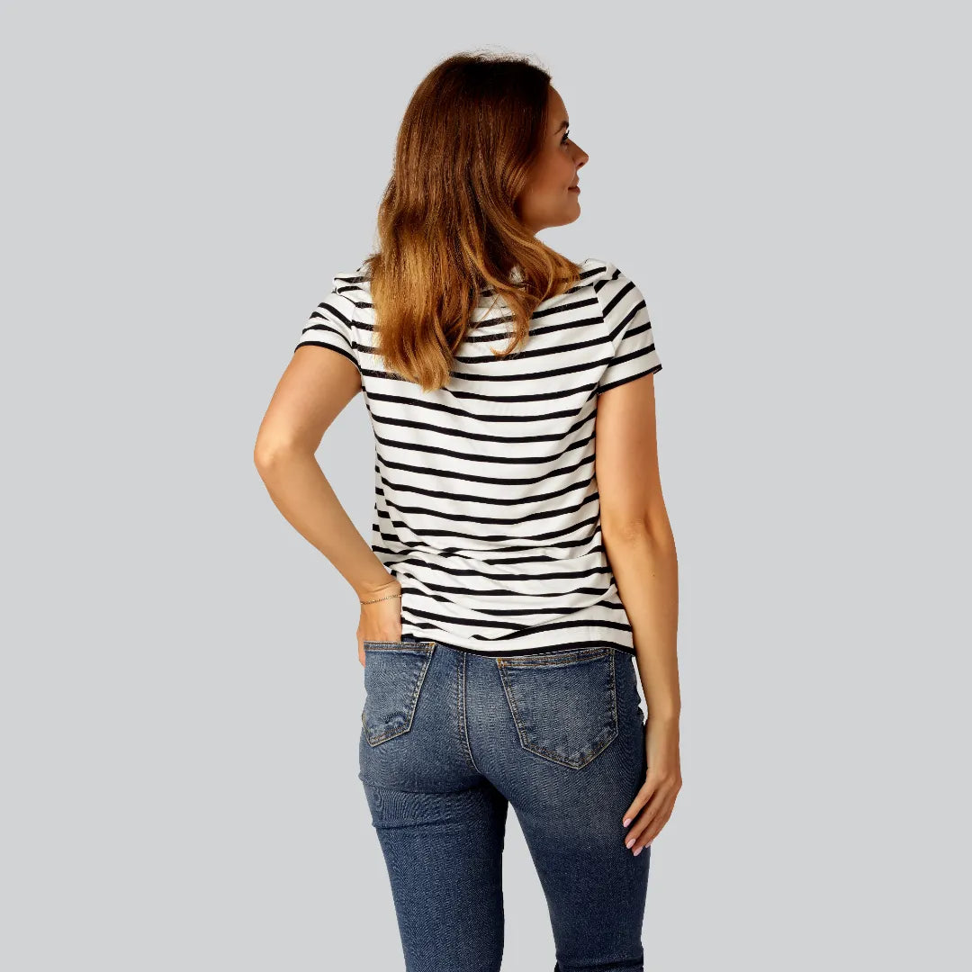 Bamboe T-shirt met ronde hals en strepen in marineblauw/beige voor dames