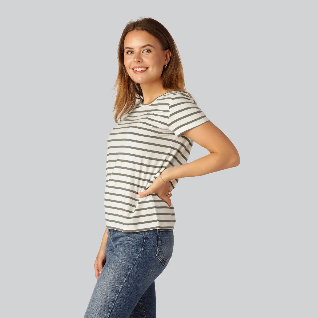 Bamboe T-shirt met ronde hals en strepen in olijfgroen/beige voor dames