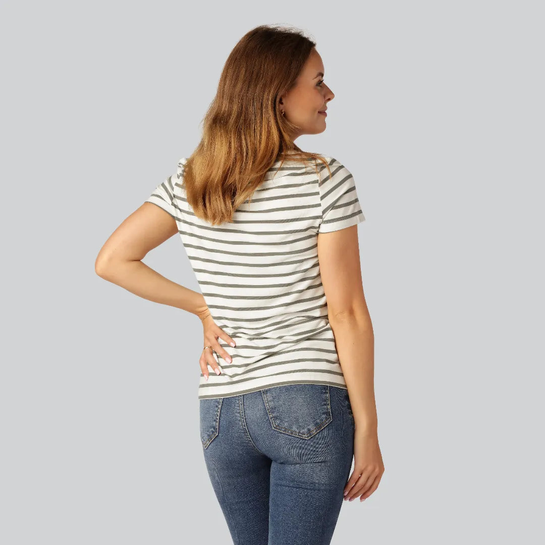 Bamboe T-shirt met ronde hals en strepen in olijfgroen/beige voor dames