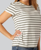 Bamboe T-shirt met ronde hals en strepen in olijfgroen/beige voor dames