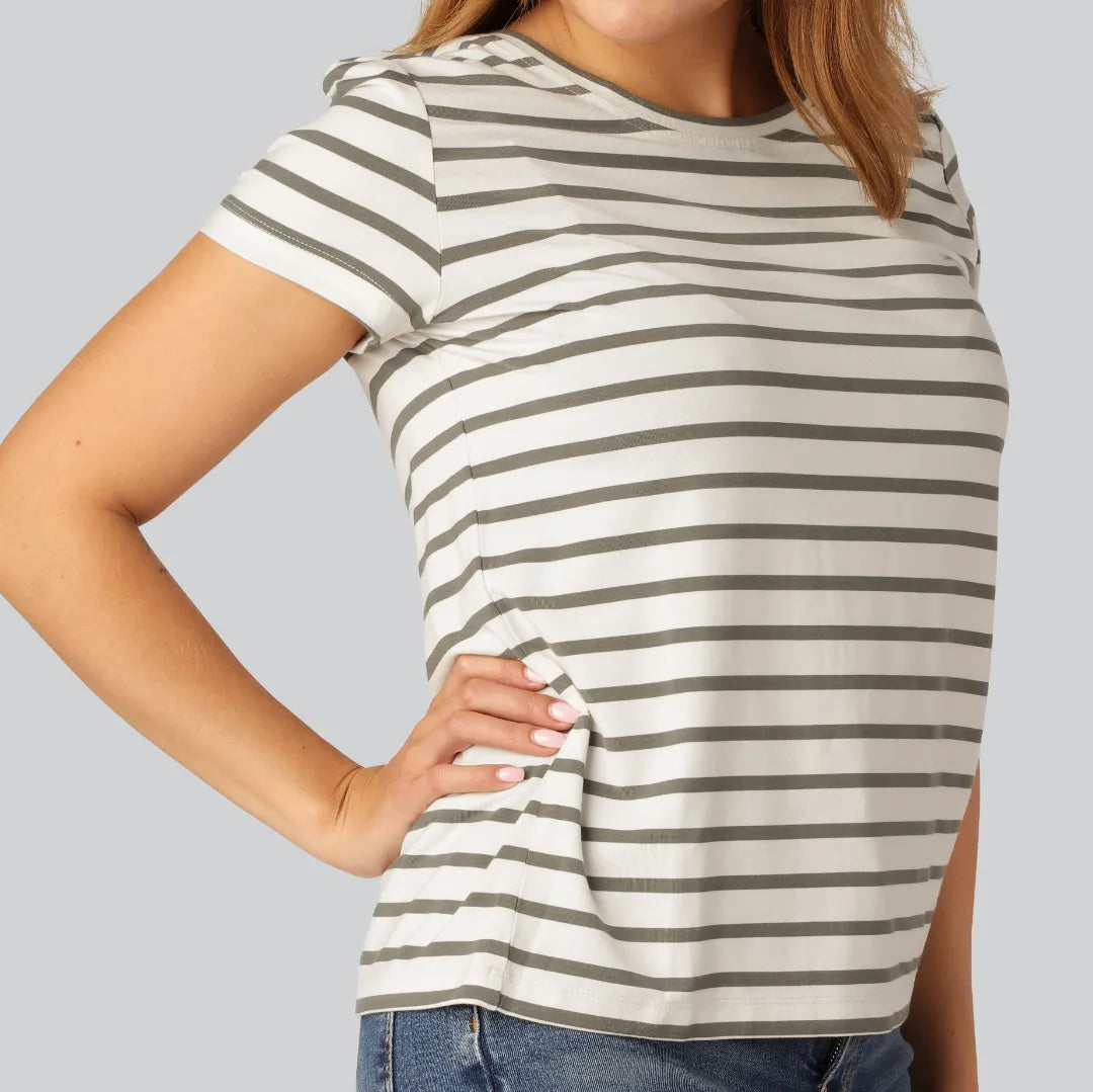Bamboe T-shirt met ronde hals en strepen in olijfgroen/beige voor dames