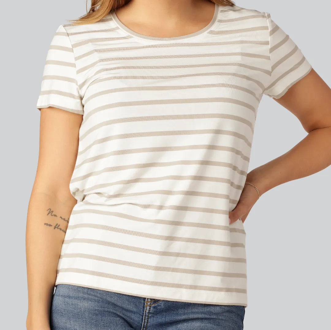 Bamboe T-shirt met ronde hals en strepen in zand/beige voor dames