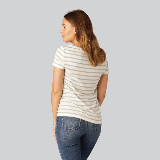 Bamboe T-shirt met ronde hals en strepen in zand/beige voor dames