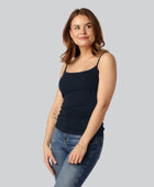 Damestop van bamboe in marineblauw met smalle bandjes