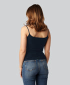 Damestop van bamboe in marineblauw met smalle bandjes