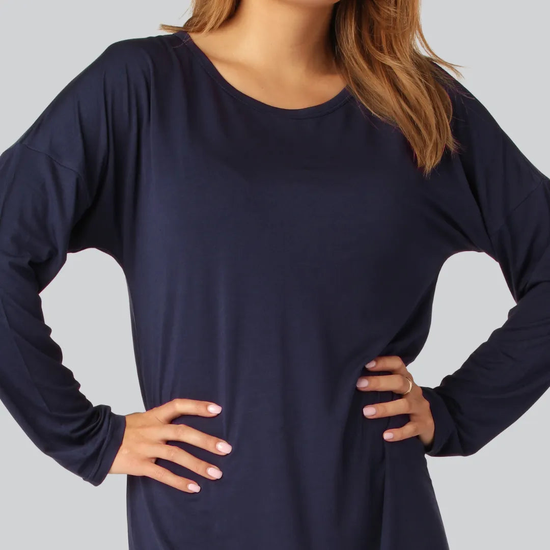 Nachtjapon met lange mouwen van bamboe in marineblauw voor dames